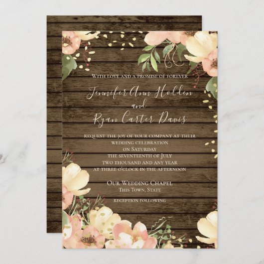 Blush Bloemen Rustiek Hout Waterverf bruiloft Kaart (Voorkant / Achterkant)