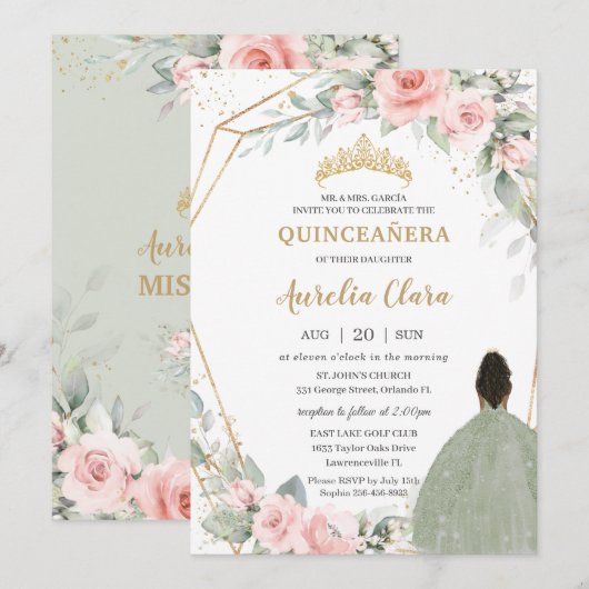 Blush Bloemen Salie Groen Bruin Prinses Quinceañer Kaart (Voorkant / Achterkant)
