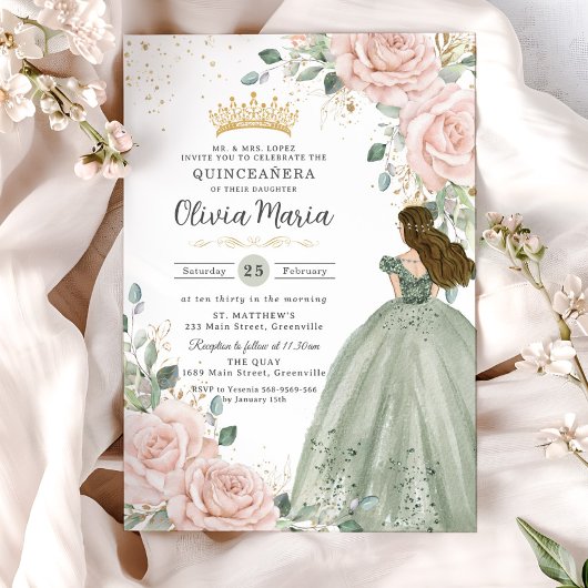 Blush Bloemen Salie Groene Prinses Gown Quinceañer Kaart