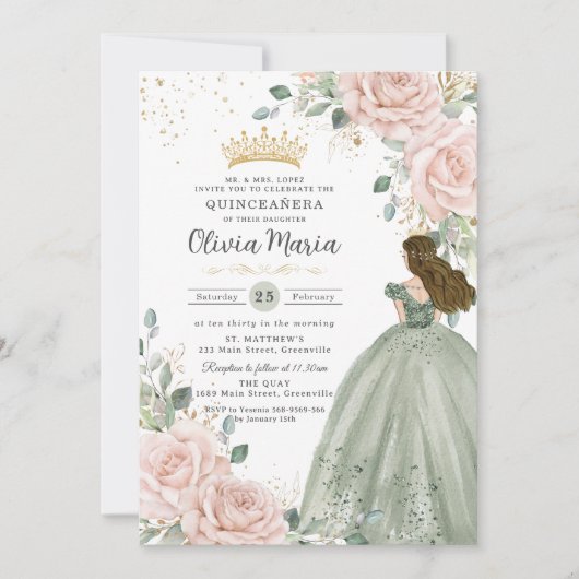 Blush Bloemen Salie Groene Prinses Gown Quinceañer Kaart (Voorkant)