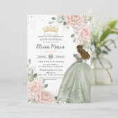Blush Bloemen Salie Groene Prinses Gown Quinceañer Kaart (Staand voorkant)