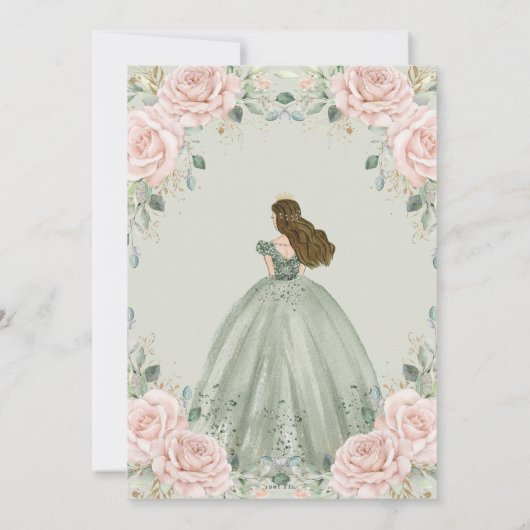 Blush Bloemen Salie Groene Prinses Gown Quinceañer Kaart (Achterkant)