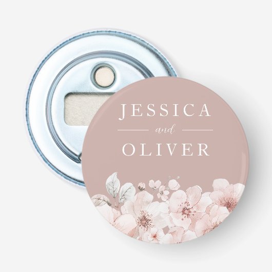 Blush bloemen stoffige roze bruiloft button flesopener (Voorkant)