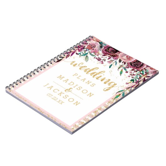 Blush Bloemen Strepen & Gouden Bruiloft Planner Notitieboek (Linkerzijde)