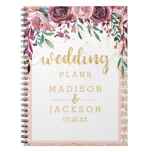 Blush Bloemen Strepen & Gouden Bruiloft Planner Notitieboek (Voorkant)