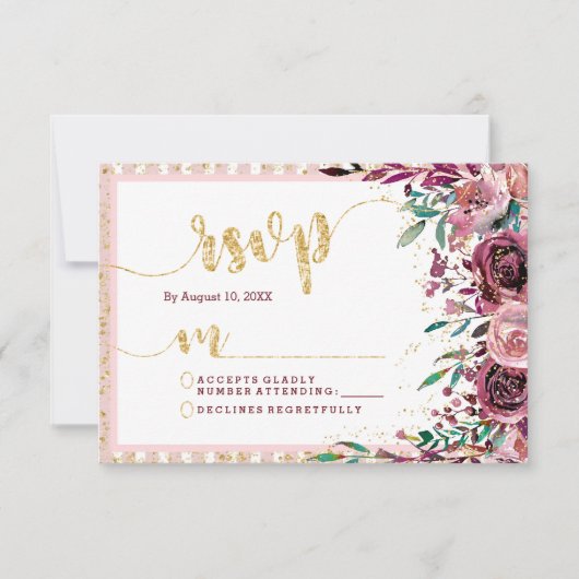 Blush Bloemen Strepen & Gouden Bruiloft RSVP React (Voorkant)