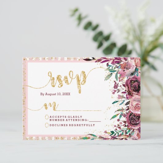 Blush Bloemen Strepen & Gouden Bruiloft RSVP React (Staand voorkant)