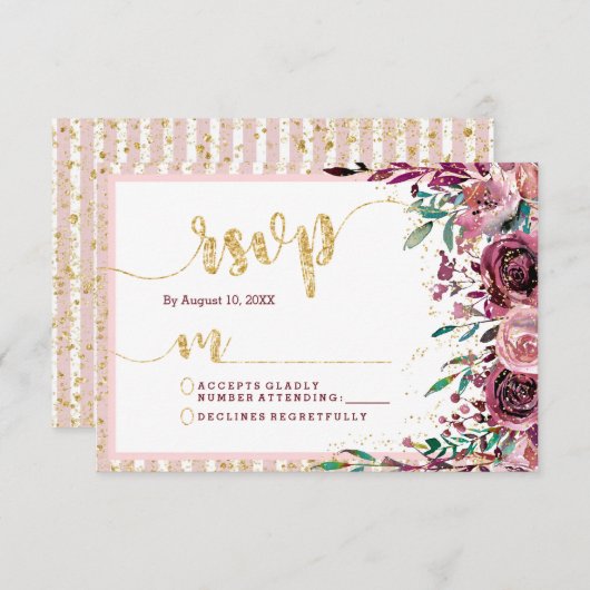 Blush Bloemen Strepen & Gouden Bruiloft RSVP React (Voorkant / Achterkant)