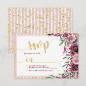 Blush Bloemen Strepen & Gouden Bruiloft RSVP React Kaartje (Voorkant / Achterkant)