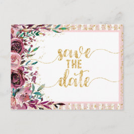 Blush Bloemen Strepen & Gouden Bruiloft Save the D Aankondigingskaart