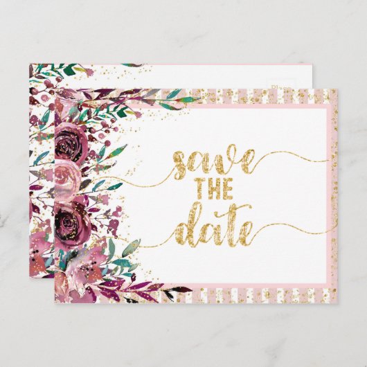 Blush Bloemen Strepen & Gouden Bruiloft Save the D Aankondigingskaart (Voorkant / Achterkant)