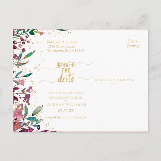 Blush Bloemen Strepen & Gouden Bruiloft Save the D Aankondigingskaart (Achterkant)