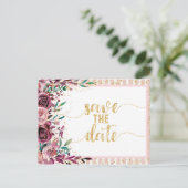Blush Bloemen Strepen & Gouden Bruiloft Save the D Aankondigingskaart (Staand voorkant)