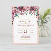 Blush Bloemen Strepen & Gouden Bruiloft Uitnodigin Kaart (Staand voorkant)