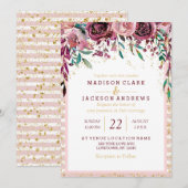 Blush Bloemen Strepen & Gouden Bruiloft Uitnodigin Kaart (Voorkant / Achterkant)