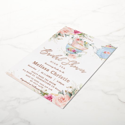 Blush Bloemen Tea Party Vrijgezellenfeest Roos Gou Folie Uitnodiging (Gedraaid)