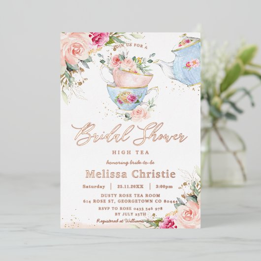 Blush Bloemen Tea Party Vrijgezellenfeest Roos Gou Folie Uitnodiging (Staand Voorkant)