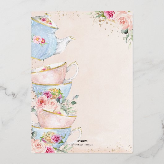 Blush Bloemen Tea Party Vrijgezellenfeest Roos Gou Folie Uitnodiging (Achterkant)