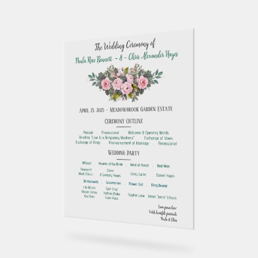 Blush Bloemen Trouwprogramma Acryl Bord (Hoek)