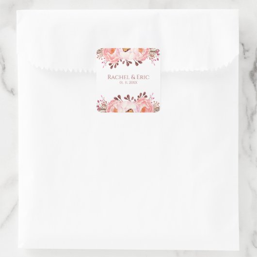 Blush Bloemen Trouwstickers met aangepaste namen Vierkante Sticker (Tas)