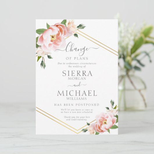 Blush Bloemen Verandering van Plannen Bruiloft Uit Kaart (Staand voorkant)