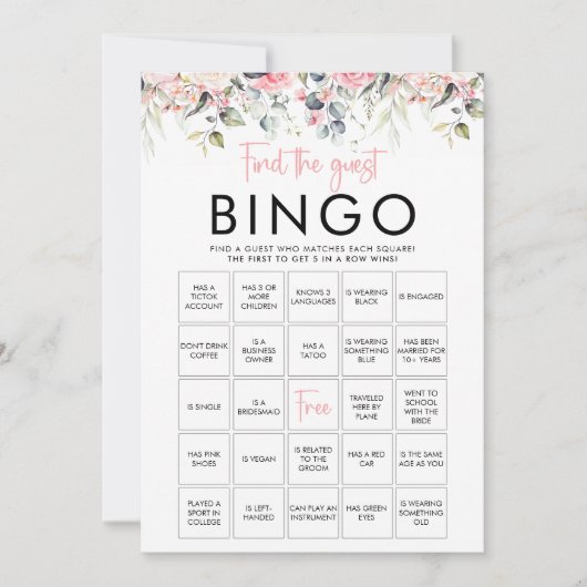 Blush Bloemen Vind de Gast Bingo Spelkaart Kaart (Voorkant)
