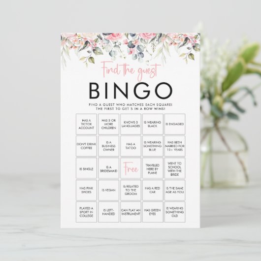 Blush Bloemen Vind de Gast Bingo Spelkaart Kaart (Staand voorkant)