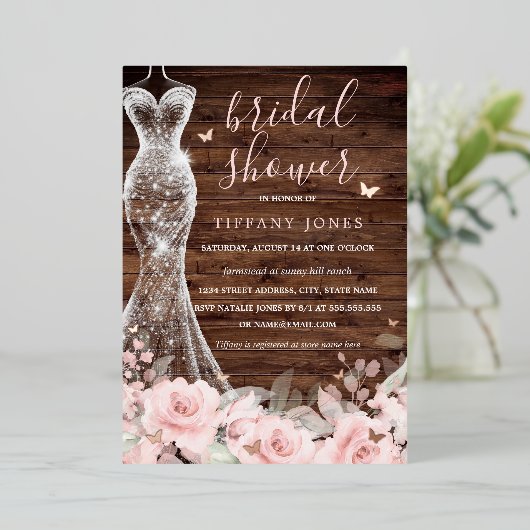 Blush Bloemen Vlinder Jurk Rustiek Vrijgezellenfee Folie Uitnodiging (Staand Voorkant)