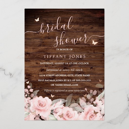 Blush Bloemen Vlinder Rustiek Hout Vrijgezellenfee Folie Uitnodiging (Voorkant)