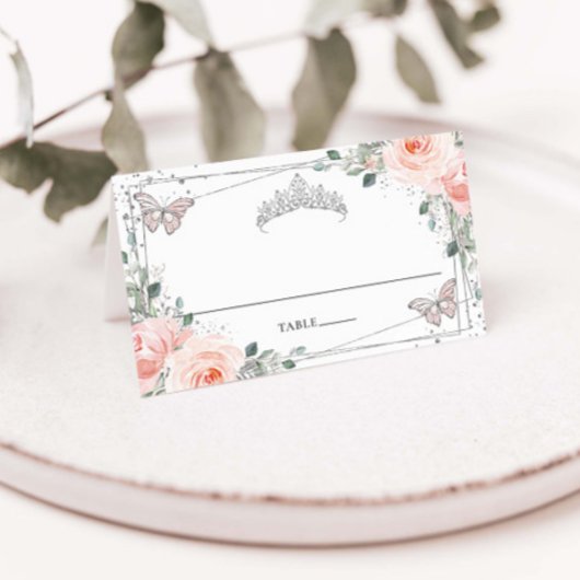 Blush Bloemen Vlinder Zilver Quinceañera Verjaarda Plaatskaartje
