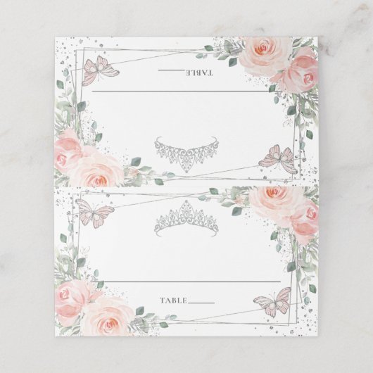 Blush Bloemen Vlinder Zilver Quinceañera Verjaarda Plaatskaartje (Buitenkant ongevouwen)