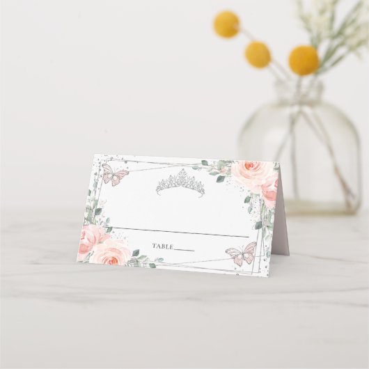 Blush Bloemen Vlinder Zilver Quinceañera Verjaarda Plaatskaartje (Voorkant)