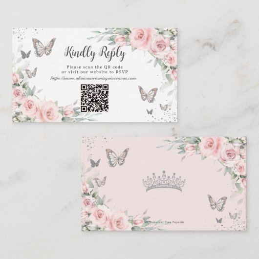 Blush Bloemen Vlinders Quinceañera QR Code RSVP Informatiekaartje (Voorkant / Achterkant)