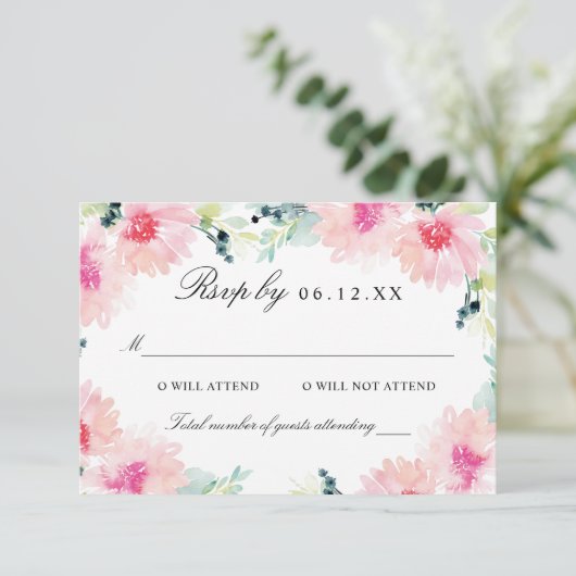 Blush Bloemen Waterverf Bruiloft RSVP Kaart (Staand voorkant)