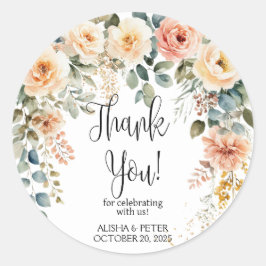 Blush Bloemen Waterverf Flat Dank u Ronde Sticker