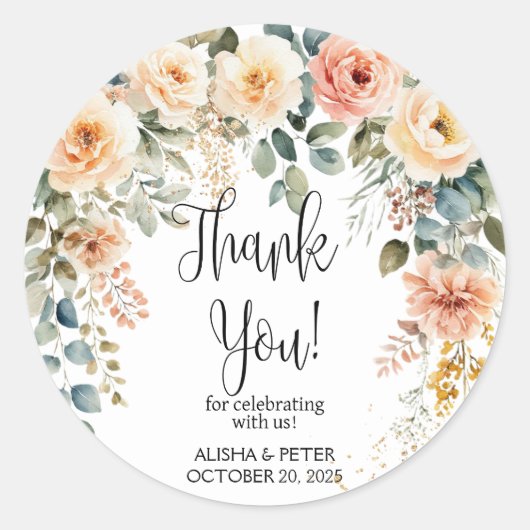 Blush Bloemen Waterverf Flat Dank u Ronde Sticker (Voorkant)