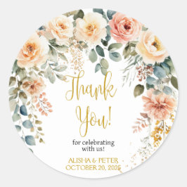 Blush Bloemen Waterverf Flat Dank u Ronde Sticker