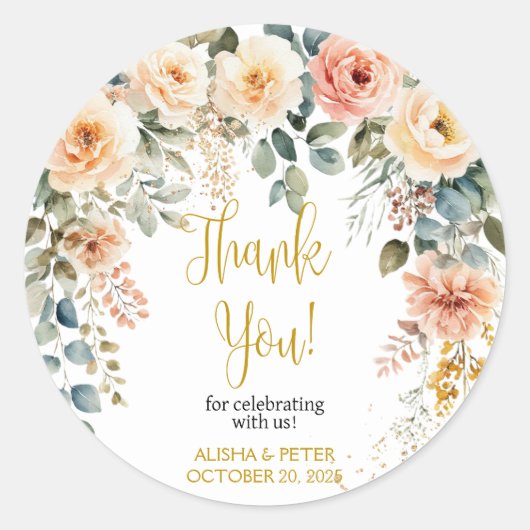Blush Bloemen Waterverf Flat Dank u Ronde Sticker (Voorkant)