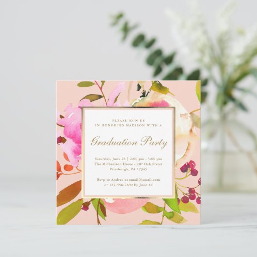 Blush Bloemen Waterverf met Stippen Graduation Par Kaart (Staand voorkant)