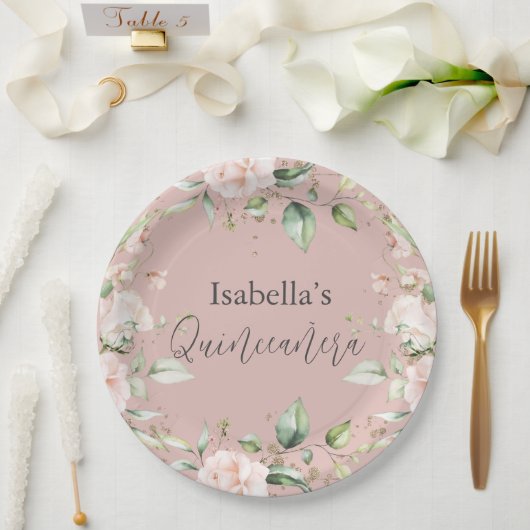 Blush Bloemen Waterverf Quinceañera Papier Papieren Bordje (Huwelijk)