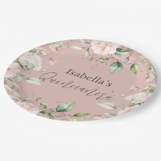 Blush Bloemen Waterverf Quinceañera Papier Papieren Bordje (Gekanteld)
