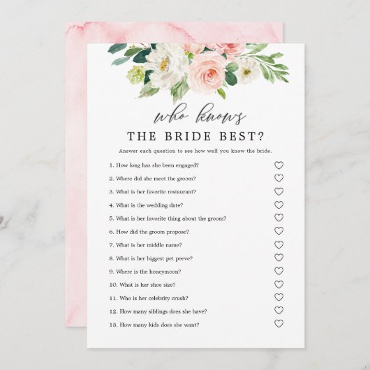 Blush Bloemen Wie Kent De Bruid Spel Printbaar Kaart (Voorkant / Achterkant)