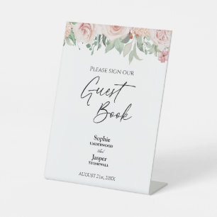 Blush Bloemen Wit Bruiloft Gast Boek teken Reclamebord Met Voetstuk