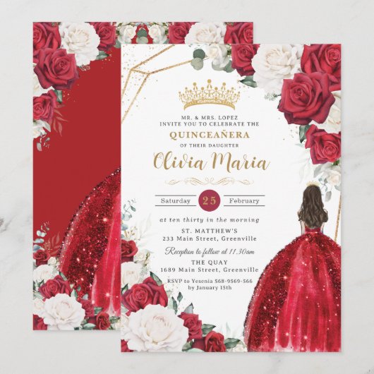 Blush Bloemen Witte Jurk Princess Gold Quinceañera Kaart (Voorkant / Achterkant)