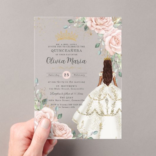 Blush Bloemen Witte Jurk Princess Gown Quinceañera Acryl Uitnodigingen (Insitu (Draagbaar))