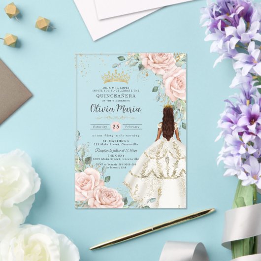 Blush Bloemen Witte Jurk Princess Gown Quinceañera Acryl Uitnodigingen (Insitu (Huwelijk))