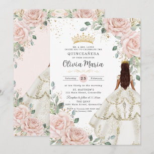 Blush Bloemen Witte Jurk Princess Gown Quinceañera Kaart