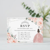 Blush Bloemen Zilver QUINCEAÑERA Reageer op Namen RSVP Kaartje (Staand voorkant)