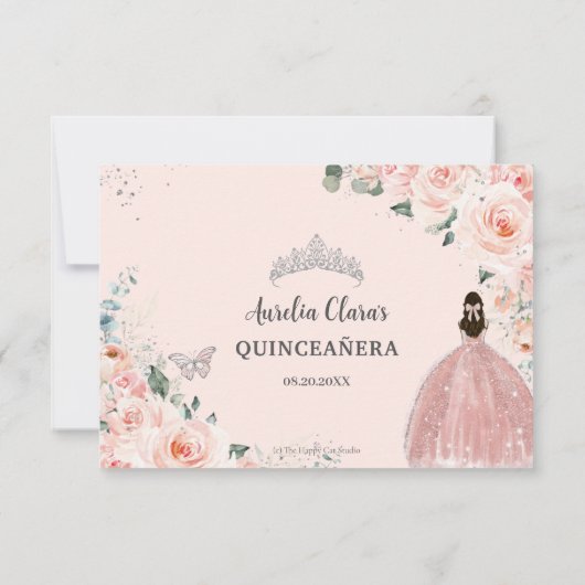 Blush Bloemen Zilver QUINCEAÑERA Reageer op Namen RSVP Kaartje (Achterkant)