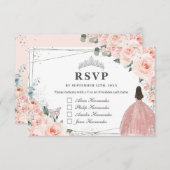 Blush Bloemen Zilver QUINCEAÑERA Reageer op Namen RSVP Kaartje (Voorkant / Achterkant)